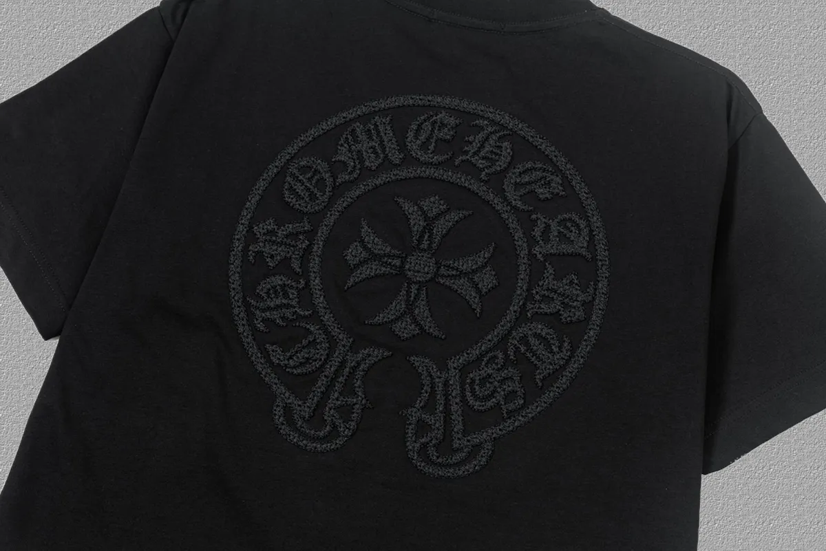 🅿️200 [CH Crow Heart] 2025FW short-sleeved T-shirt, hollow embroidery with arch bridge embroidery, high-end 26s double yarn 300g fabric, heavy fabric, custom stretcher rib, same vat and dye, complete three standards, same style for men and women, color: black, white, size: S M L XL 2XL